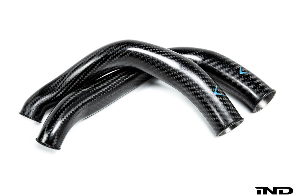 Eventuri black matte carbon fiber charge pipe set for BMW F8X M2C M3 M4 S55 engine, performance upgrade, visible in the image.