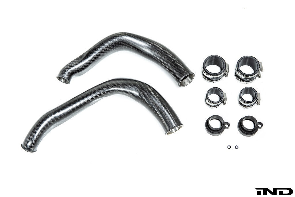 Eventuri matte carbon charge pipe set for BMW S55 M2 Competition M3 M4 on white background