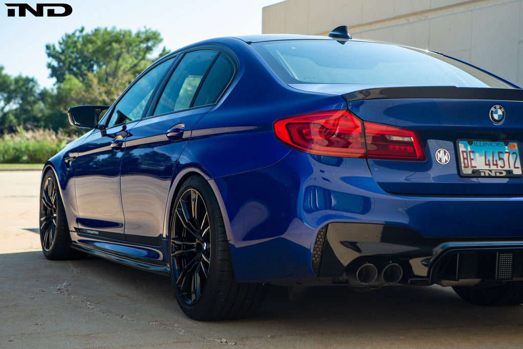 FC BMW F90 M5 wheel spacer kit with 5x112 stud conversion and flush fitment installed on wheels.